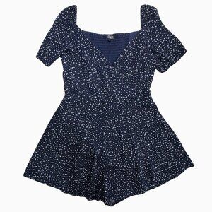 LIRA Navy White Grn Print‎ Romper Women Small Cross Over Top Smocked Slinky Sexy